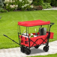 Outsunny Collapsible Folding Garden Utility Cart Wagon with Adjustable Push/Pull Handle, Canopy & All-Terrain Wheels, Red(m-10)