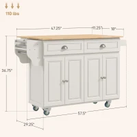 HOMCOM Rolling Kitchen Island Cart with Drop Leaf, Kitchen Cart on Wheels with Wood Top, 2 Drawers and 2 Storage Cabinets, Island Table for Kitchen, Dining Room, Cream White(m-3)