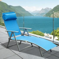 Outsunny Heavy-duty Adjustable Folding Reclining Chair Outdoor Sun Lounger Patio Chaise Lounge Garden Beach Gravity Lounge with Pillow, 7 Adjustable Backrest Positions, Blue(m-8)