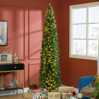 HOMCOM 8ft Pencil Christmas Tree, Slim Artificial Christmas Tree with Realistic Branches and Warm White LED Lights, Green(m-2)