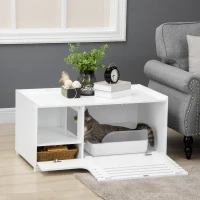 PawHut Cat Litter Box Enclosure with Spacious Interior, Cat Washroom Storage End Table for Indoor Cats with Hidden Storage Cabinet Space, Elevated Bottom, White(m-2)