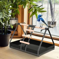 PawHut Portable Bird Play Perch Stand with Wooden Perch, Stainless Steel Feeding Bowls, & an Easy-Clean Tray, Black(m-9)