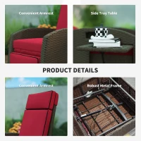 Outsunny Outdoor Recliner Chair with Adjustable Backrest, Cushion, Side Tray, Wine Red(m-6)