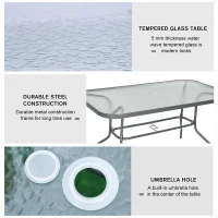 Outsunny Metal Garden Dining Table with Umbrella Hole, Outdoor Patio Table with Tempered Glass Top, 55" x 31.5"(m-6)
