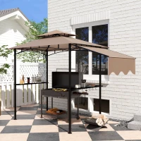 Outsunny 8' x 5' Grill Gazebo, Double Tiered Barbecue Grill Gazebo Shelter with Side Awning, 2 Side Shelves, 6 Hooks, Khaki(m-8)