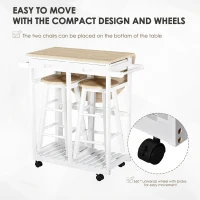HOMCOM Kitchen Trolley 3 Piece Kitchen Cart Set Drop Leaf Breakfast Table and 2 Stools w/ Rolling Wheels & Towel Bars, Wood & White(m-6)