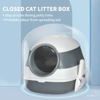 PawHut Foldable Large Cat Litter Box with Lid, Covered Kitten Litter Box w/ Automatic Cat Litter-Proof Sides, Deodorization, Easy to Clean, White and Grey(m-9)