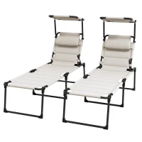 Outsunny 2 Pcs Outdoor Lounge Chair, 4 Position Adjustable Backrest, Folding, Cushioned w/ Sun Shade Roof & Pillow, Cream White(m-1)