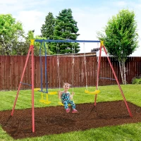 Outsunny Metal Swing Set with Glider, Two Swing Seats and Adjustable Height, Outdoor Heavy Duty A-Frame Suitable for Playground, Backyard, Multi-color(m-10)