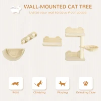 PawHut Cat Wall Shelves, 3PCs Cat Shelves with Hammock, Scratching Post, 3 Steps, Jumping Platforms, Wall Mounted Cat Climber, Beige(m-4)