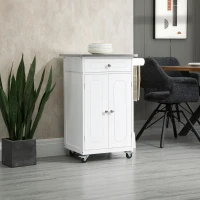 HOMCOM Kitchen Cart, Small Kitchen Island, Stainless Steel Top Utility Trolley on Wheels with Storage Drawer for Dining Room, Kitchen (White)(m-8)