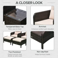 Outsunny 5 Pieces Rattan Wicker Lounge Chair Outdoor Patio Conversation Set with 2 Cushioned Chairs, 2 Ottomans and Tempered Glass Top Coffee Table, Brown/Beige(m-6)