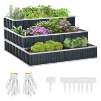 Outsunny 3 Tier Raised Garden Bed Outdoor Metal Patio Planter Box with Gloves,  4' x 4' x 2' for Backyard, Patio to Grow Vegetables, Herbs, and Flowers, Gray(m-1)
