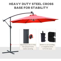 Outsunny 10ft Cantilever Solar Hanging Offset Umbrella Outdoor LED Lights Aluminum Market Banana Parasol Crank w/ Cross Base Garden Sun Shelter Red(m-6)