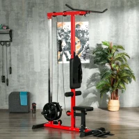 Soozier Lat Pull Down Machine, High / Low Pulley Machine with Adjustable Seat and Flip-Up Footplate, Red(m-10)