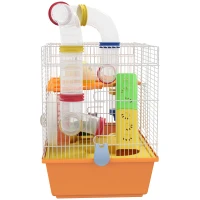 PawHut 3 Tiers Hamster Cage for Gerbil, Dwarf Hamster with Tunnels, Water Bottle, Exercise Wheel, 18" x 11" x 15" - Orange(m-10)