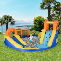 Outsunny 6-in-1 Kids Inflatable Water Slide, Bounce House with Slide, Pool, Water Cannon, Climbing Wall, Tunnel, Hoop, Backyard Inflatable Game for Birthday Party Activities without Air Blower(m-10)