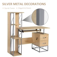 HOMCOM Modern Computer Desk with 4-Tier Bookshelf, Home Office Writing Table Workstation with Tower Storage Shelves Keyboard Tray & Lockable Drawers, Natural(m-5)