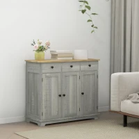 HOMCOM Kitchen Storage Cabinet, Sideboard Floor Cupboard with Solid Wood Top, Adjustable Shelf, and 3 Drawers, Light Gray(m-8)