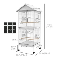 PawHut Wrought Metal Bird Cage Feeder with Rolling Stand Perches Food Containers Doors Wheels 67" H, White(m-3)