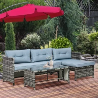 Outsunny 3 Piece Outdoor Patio Furniture Set with Loveseat Sofa, Chaise Lounge, Tempered Glass Table and Cushions, Sectional Wicker Rattan conversation Set for Backyard, Grey(m-7)