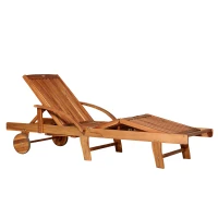 Outsunny Acacia Wood Folding Patio Sun Lounger with Wheels and Pull-Out Tray(m-1)