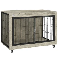 PawHut 39" Dog Crate Furniture End Side Table with Wheels, Interchangeable Side Door, for Large Dogs, Gray(m-11)