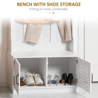 HOMCOM Modern Hall Tree, Entryway Coat Rack with Shoe Bench, 5 Hooks, Storage Shelf and Slatted Door Cabinet for Hallway, White(m-6)
