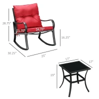 Outsunny 3 Pieces Patio Wicker Rocking Chairs Table Set, Outdoor PE Rattan Furniture with 2 Rockers & 1 Coffee Table w/ Padded Cushions for Deck, Backyard, Garden, Red(m-3)
