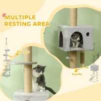 PawHut 89"-100" Floor to Ceiling Cat Tree w/ Scratching Post, Cat House, 3-Steps, Hanging Ball, Perches, Light Grey(m-7)