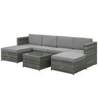 Outsunny 7pcs Wicker Rattan Sectional Set Outdoor Patio Sofa Table Footstools Set Garden Furniture with Cushions, Grey(m-11)