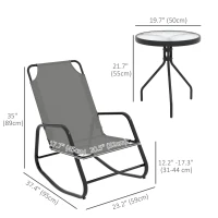 Outsunny Patio Rocking Chairs Set of 2, 3 Pieces Patio Bistro Set with Metal Frame, Breathable Mesh Fabric Seat for Garden, Deck, Grey(m-3)