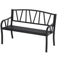 Outsunny 50" Outdoor Bench, Metal Garden Bench with V-Shaped Pattern Backrest, Porch Bench with Slatted Seat for Park, Yard, Lawn, Black(m-11)