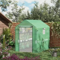 Outsunny 7' x 5' x 6' Walk-in Greenhouse for Outdoors with Mesh Door and Windows, 18 Shelf Hot House with Trellis, Plant Labels, UV Protective for Growing Flowers, Herbs, Vegetables, Saplings, Green(m-10)