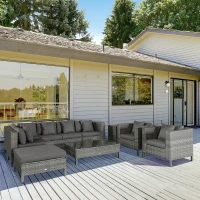 Outsunny Patio Furniture Set, 9 Piece Outdoor Sectional Sofa, All-Weather PE Rattan Wicker Conversation Set with Chairs, Ottoman, Loveseat, Coffee and Side Table, Cushions, Gray(m-2)