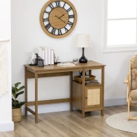 HOMCOM Space-Saving Small Computer Desk with Storage Shelf & Rattan Cabinet, Writing Desk Home Office Desk Workstation Table, Light Walnut(m-10)