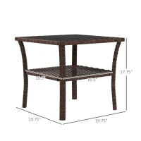 Outsunny Outdoor Wicker Coffee Table, Rattan Patio Furniture with 2-Tier Storage Shelf , Steel Frame Square, Side Table with Tempered Glass Top, Brown(m-3)