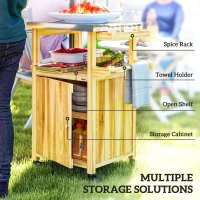 Outsunny Outdoor Grill Cart w/ Stainless Steel Top, Solid Wood Outdoor Kitchen Island w/ Wheels, Integrated Hole, Natural Wood(m-5)