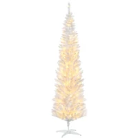 HOMCOM 7ft Pencil Christmas Tree, Slim Artificial Christmas Tree with Realistic Branches and Warm White LED Lights, White(m-11)