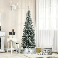 HOMOM 6ft Flocked Christmas Tree, Pencil Artificial Xmas Tree with Faux Snow, Dense Branches, Foldable Metal Base for Indoor Holiday Decor(m-10)