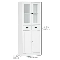 HOMCOM 61" Kitchen Pantry Cabinet, Freestanding Farmhouse Buffet Storage Cabinet with Soft Close Glass Doors and Adjustable Shelves, White(m-3)
