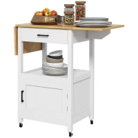 HOMCOM Foldable Kitchen Island with Storage Drawer, Wood Top Coffee Cart on Wheels, Kitchen Cart with Cabinet, White(m-2)