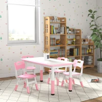 Qaba 5 Pieces Kids Table and Chairs, Height Adjustable Toddler Table and Chair Set with Storage, Easy to Wipe, Rectangular Table 4 Chairs for Classroom, for Daycare Classroom, 18 Months-5 Years, Pink(m-10)