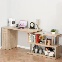 HOMCOM Rotating Computer Desk, 55" L-Shaped Desk, Corner Desk with Storage Shelves, Cabinet and Drawer for Home Office, Natural(m-7)