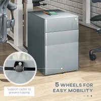 Vinsetto 3 Drawer Filing Cabinet, Steel Home Office Storage Cabinet with Wheels, Lock for A4, Letters, Legal-sized Files, Grey(m-6)