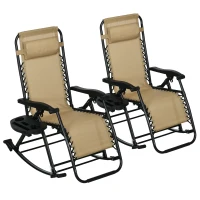 Outsunny 2 Outdoor Rocking Chairs Foldable Reclining Zero Gravity Lounge Rockers w/ Pillow Cup & Phone Holder, Beige(m-1)
