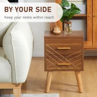 HOMCOM Scandinavian Bedside Table, Side End Table with 2 Drawers and Wood Legs, 13.8" x 12.6" x 20.3", Brown(m-4)