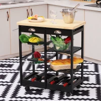 HOMCOM Rolling Kitchen Island Trolley Serving Cart Wheeled Storage Cabinet w/ Basket Shelves and Drawers Black(m-8)