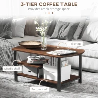 HOMCOM Vintage Industrial Coffee Table with Under-Top Storage Shelves and Rounded Corners, Dark Wood Color(m-4)