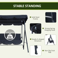Outsunny Metal 3-Seater Porch Swing with Stand Outdoor Patio Swing with Canopy Cushioned Garden Lounger Black(m-5)